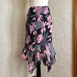 Black and pink floral ruffle skirt